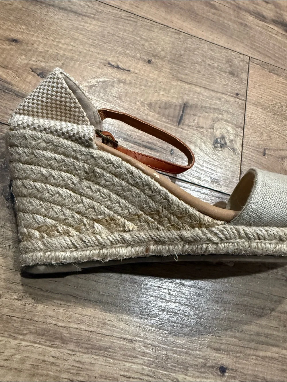 BAMBOO Beige Canvas Espadrille Wedge Sandals with Brown Ankle Strap
